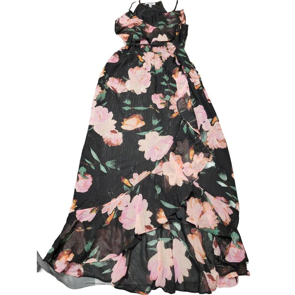 Jennifer Lopez Dress Womens 6 Black Wrap Floral Asymmetric Hem V Neck Lined Maxi